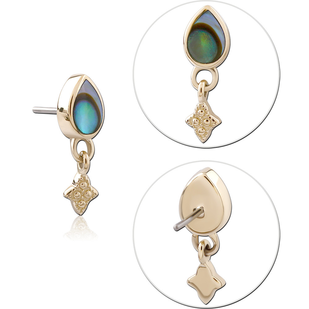 14K YELLOW GOLD THREADLESS TOP TEARDROP INLAY WITH FLORAL DIAMOND CHARM