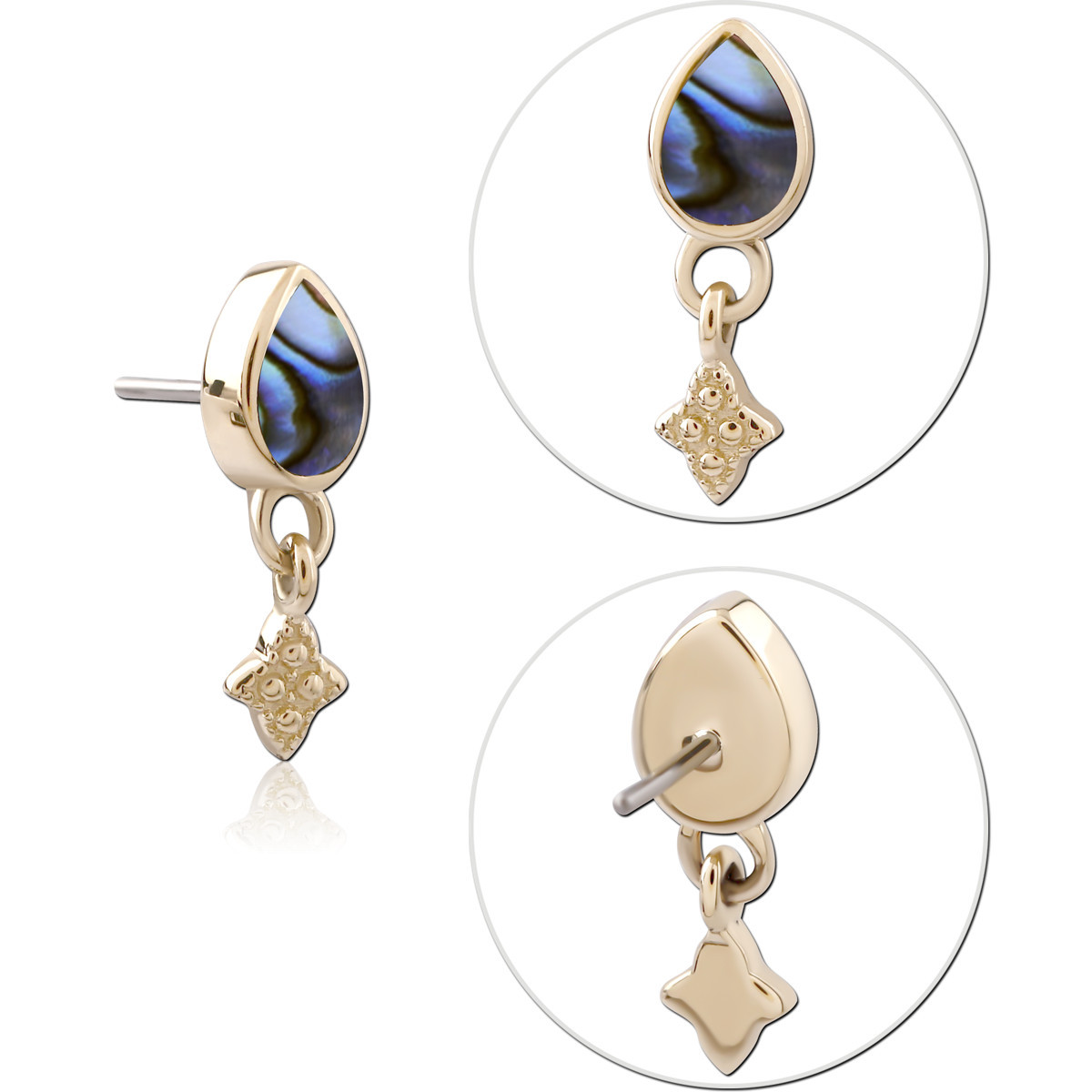 14K YELLOW GOLD THREADLESS TOP TEARDROP INLAY WITH FLORAL DIAMOND CHARM