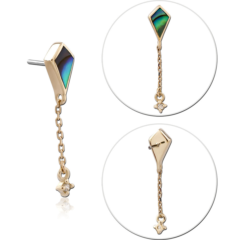 14K YELLOW GOLD THREADLESS TOP KITE INLAY WITH GEM AND FLOWER CHARMS