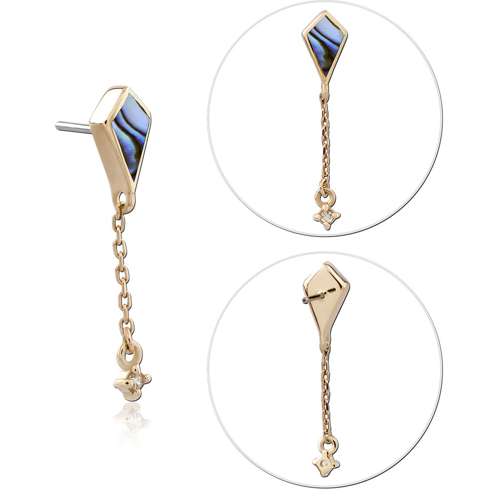 14K YELLOW GOLD THREADLESS TOP KITE INLAY WITH GEM AND FLOWER CHARMS