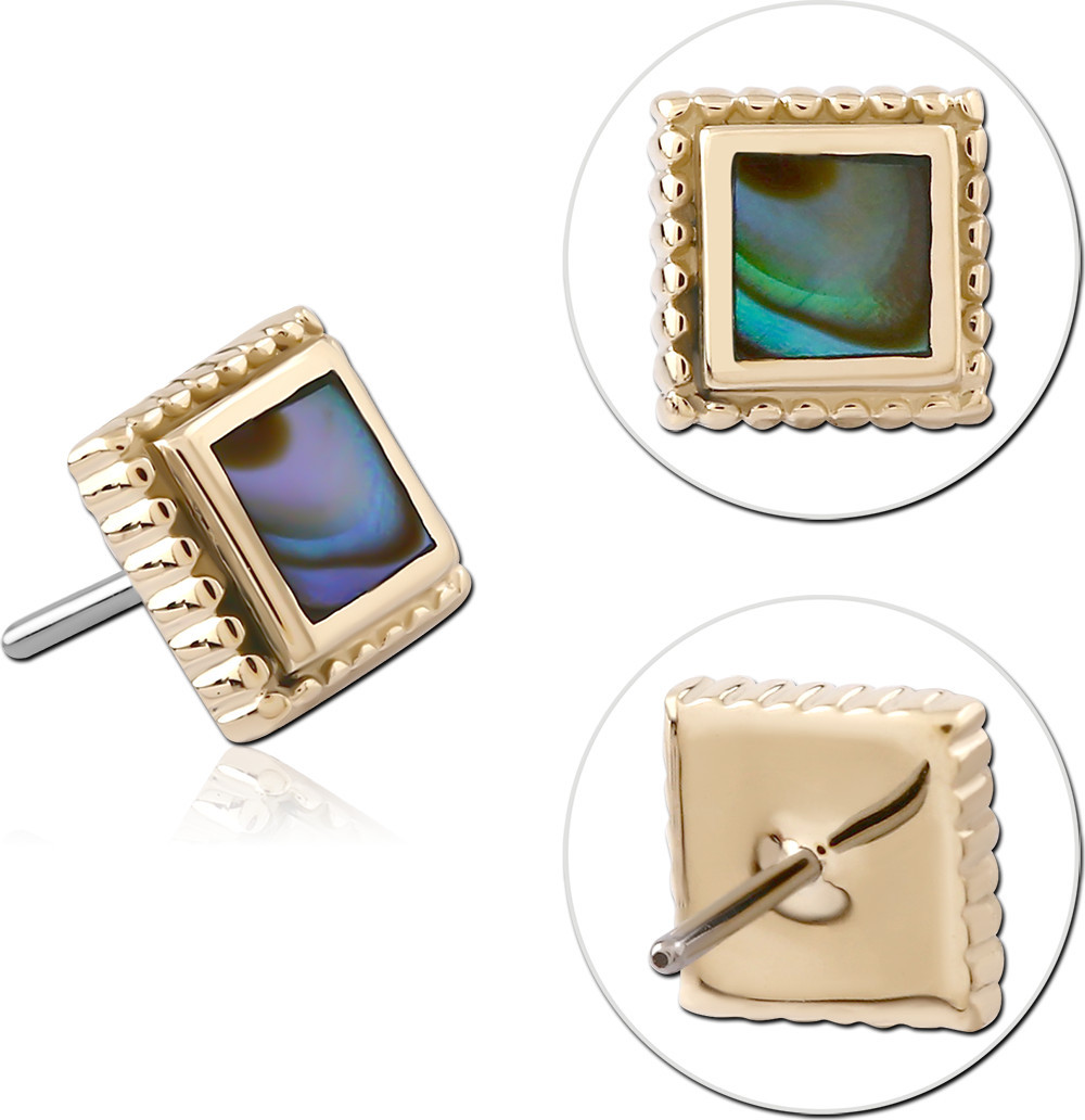14K YELLOW GOLD THREADLESS TOP SQUARE INLAY BEADED BORDER FRAME
