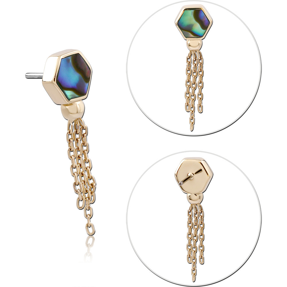 14K YELLOW GOLD THREADLESS TOP HEXAGON INLAY WITH CHAIN TASSEL