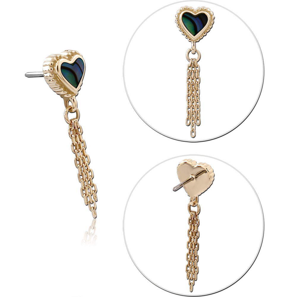 14K YELLOW GOLD THREADLESS TOP HEART INLAY WITH CHAIN TASSEL