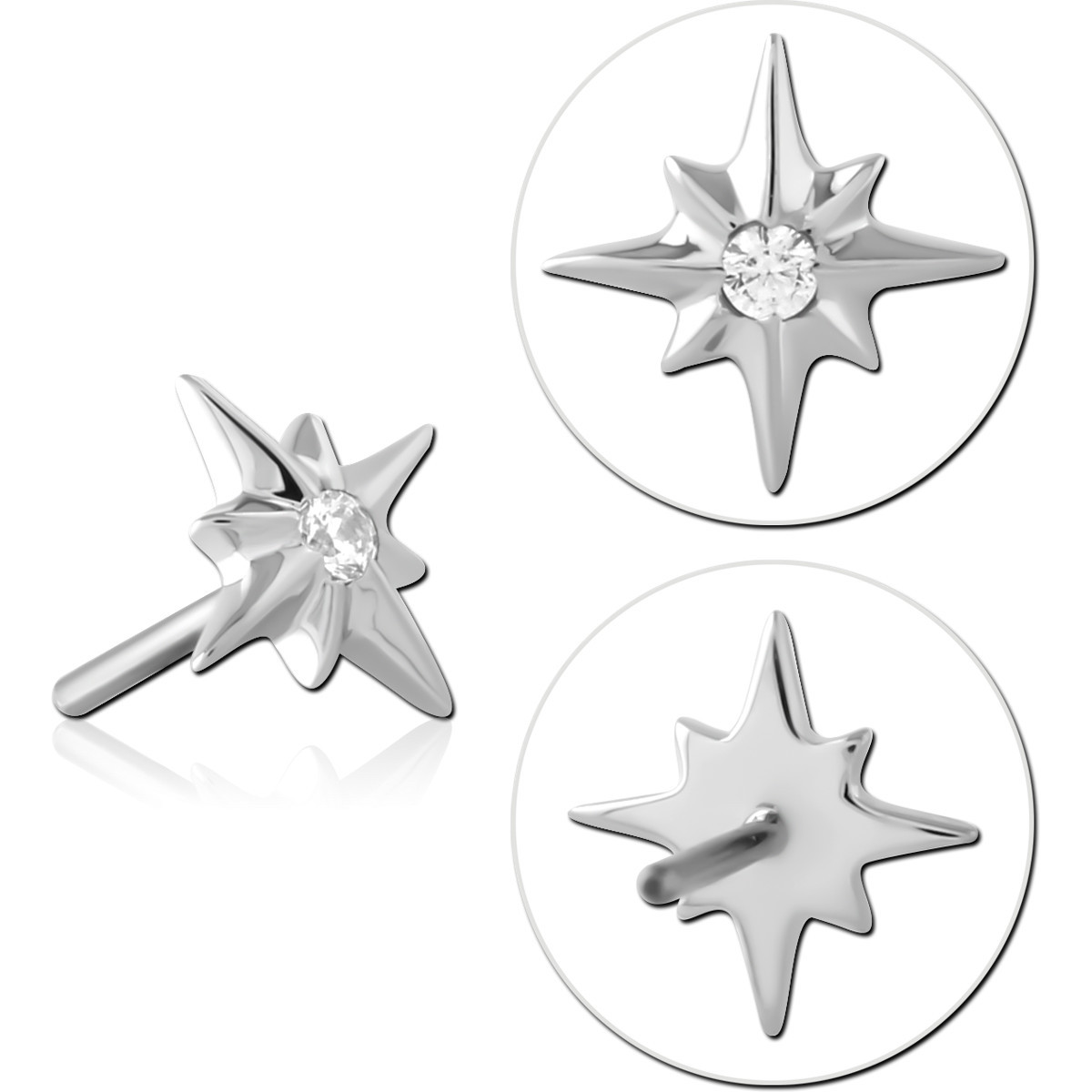 14K WHITE GOLD TOP WITH TITANIUM THREADLESS PIN STARBURST WITH CENTER GEM
