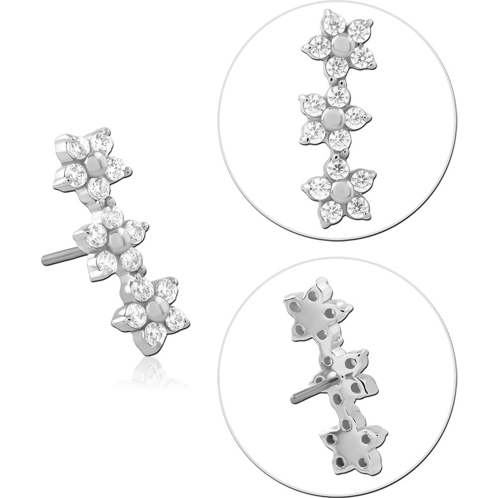 14K WHITE GOLD THREADLESS ATTACHMENT TRIPLE FLOWER CLUSTER GEM ACCENTS