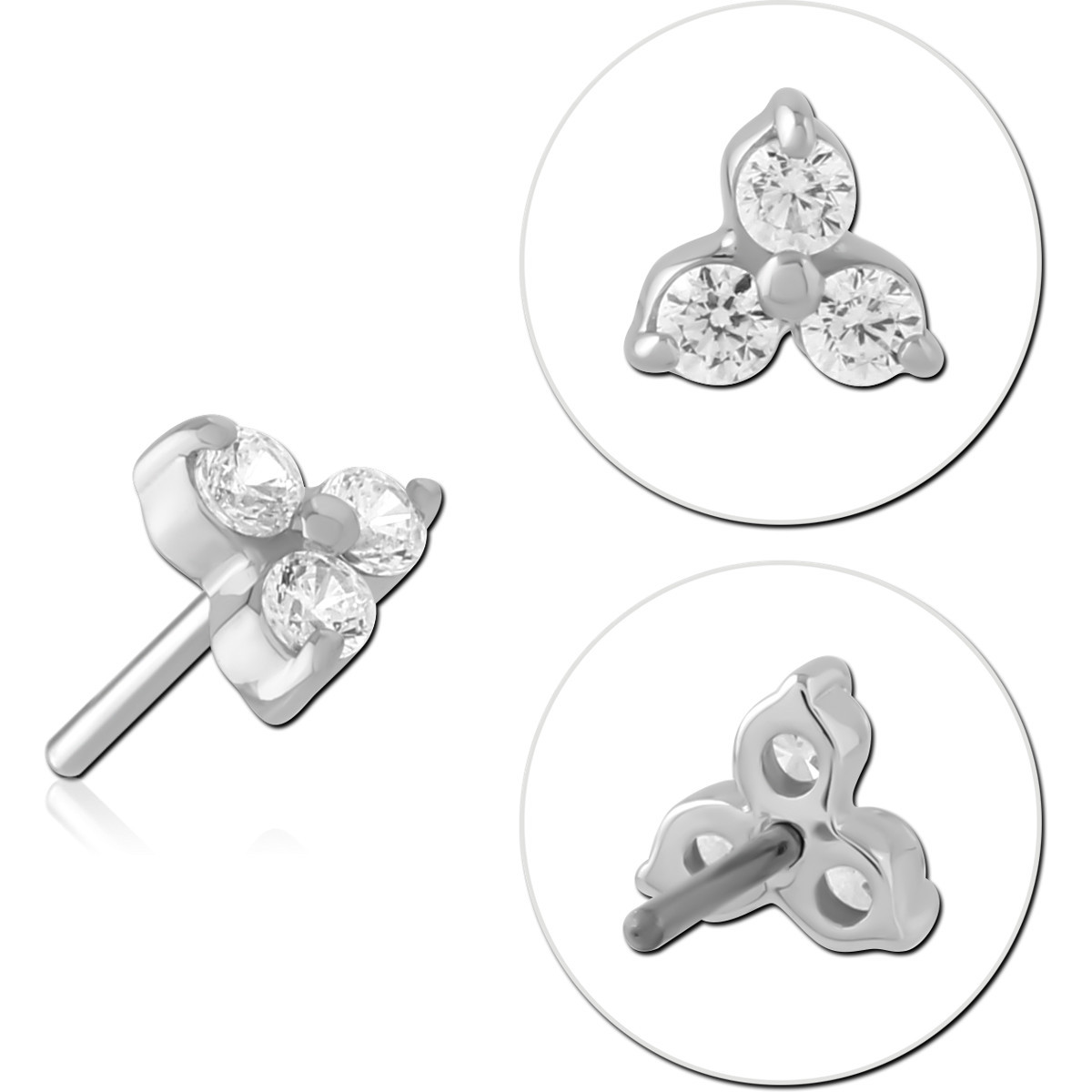 14K WHITE GOLD THREADLESS TOP THREE GEM TRIANGLE CLUSTER