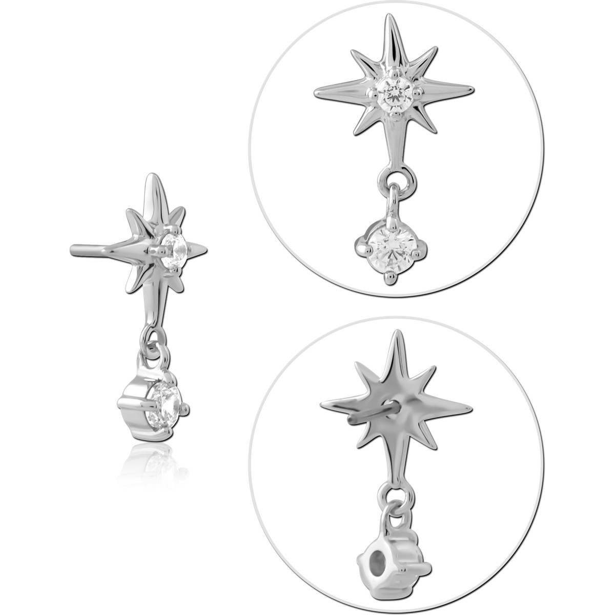 14K WHITE GOLD THREADLESS TOP EIGHT POINT STAR WITH CLEAR GEM DANGLE