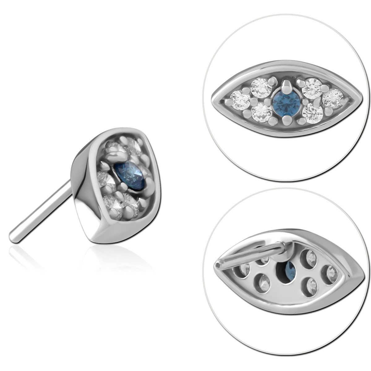 14K WHITE GOLD THREADLESS TOP MARQUISE CLUSTER WITH BLUE CENTER GEM