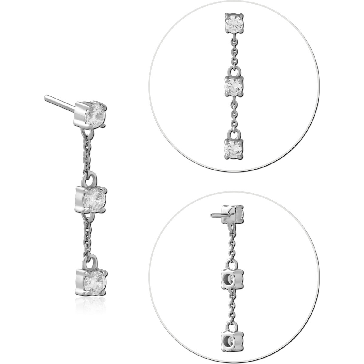 14K WHITE GOLD THREADLESS ATTACHMENT TRIPLE BEZEL GEM CHAIN DANGLE