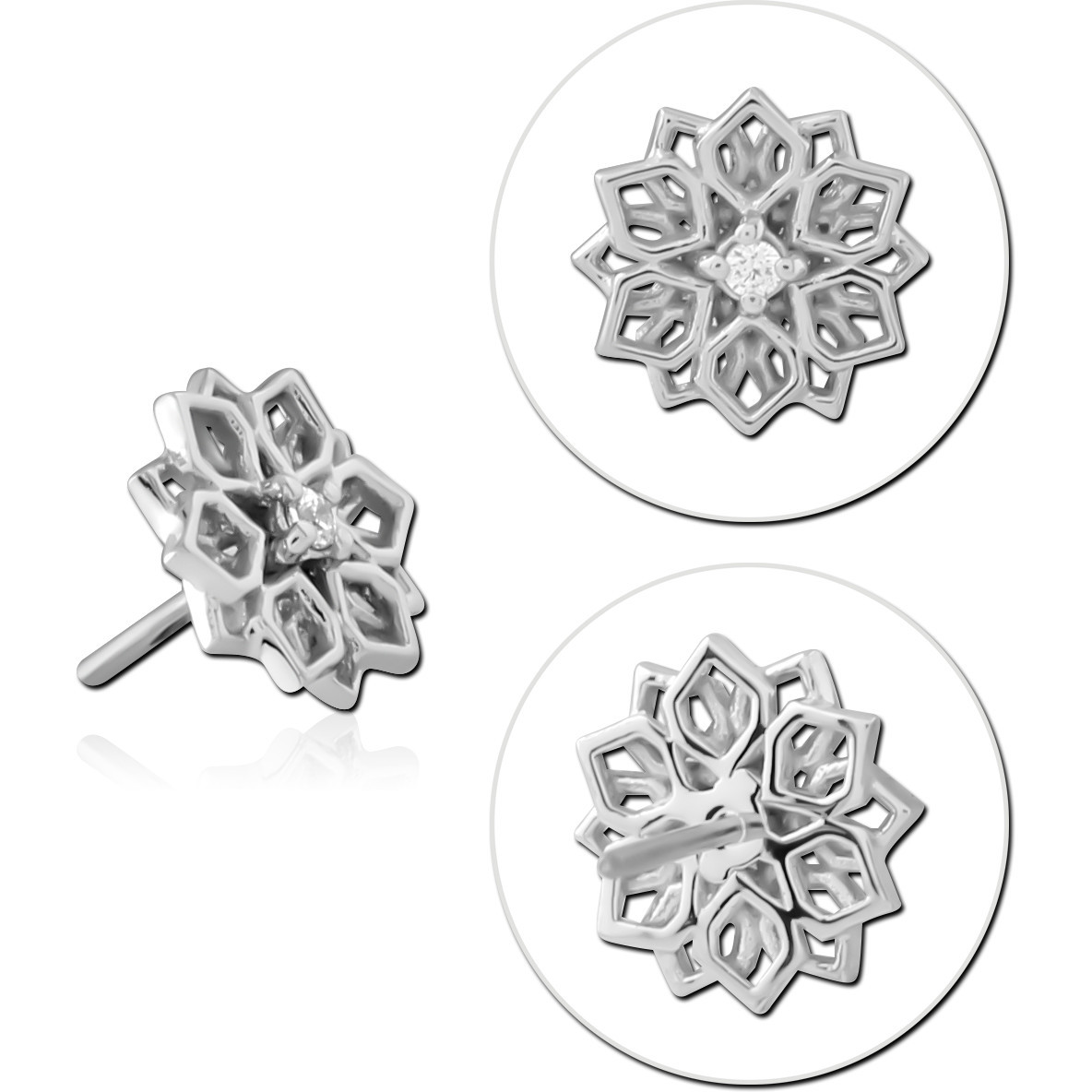 14K WHITE GOLD TOP WITH TITANIUM THREADLESS PIN JEWELED SNOWFLAKE