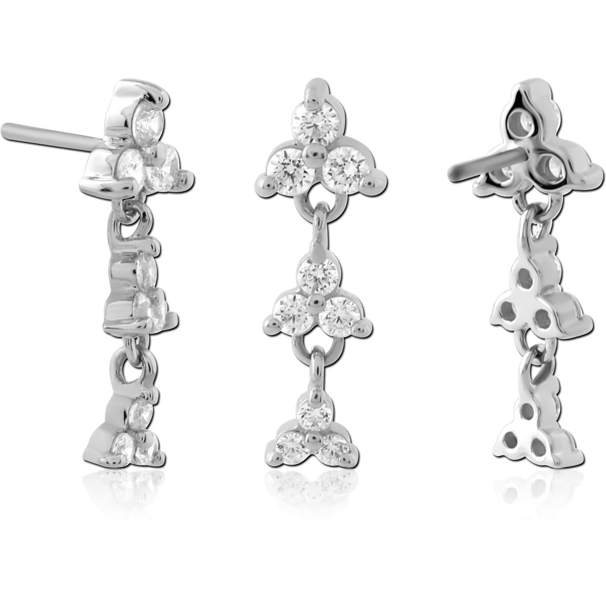 14K WHITE GOLD TOP WITH TITANIUM THREADLESS PIN TRIPLE CLUSTER GEM DANGLE