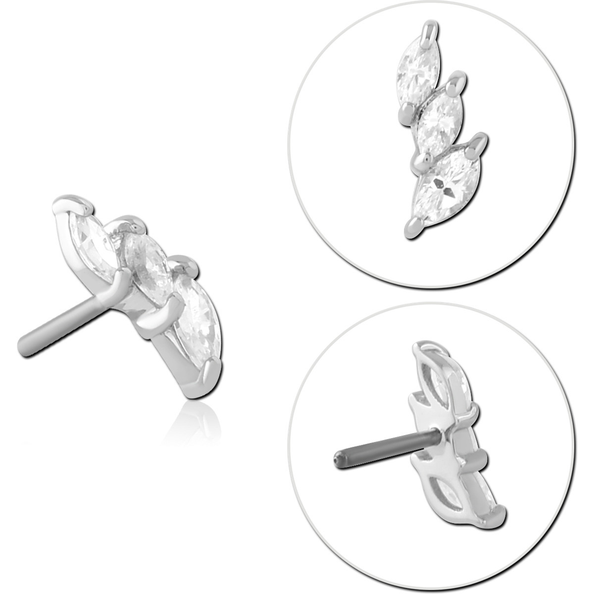 14K WHITE GOLD TOP WITH TITANIUM THREADLESS PIN PRONG SET TRIPLE MARQUISE RIGHT
