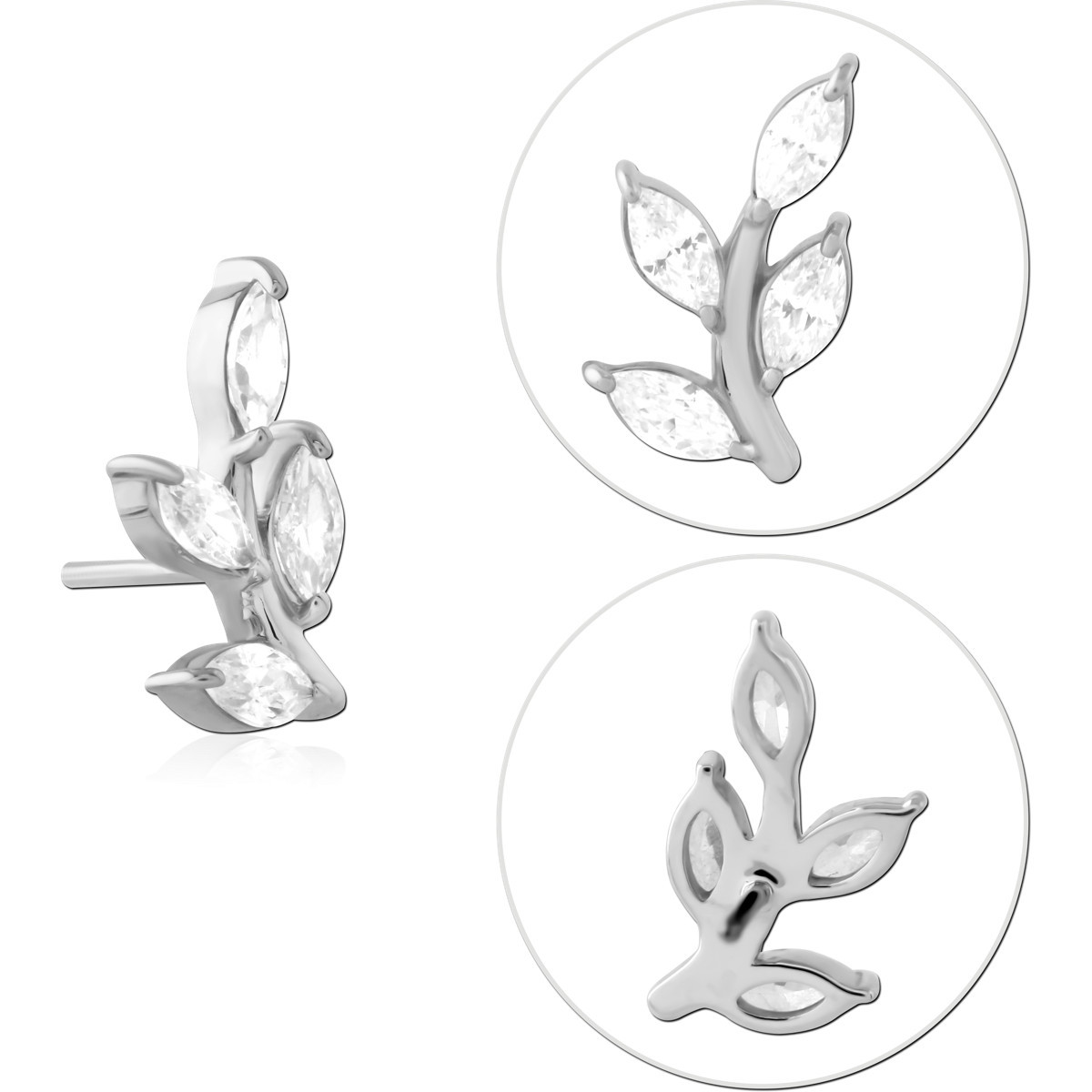 THREADLESS ATTACHMENT LEAF BRANCH VINE FIVE MARQUISE GEMS CURVED CLUSTER