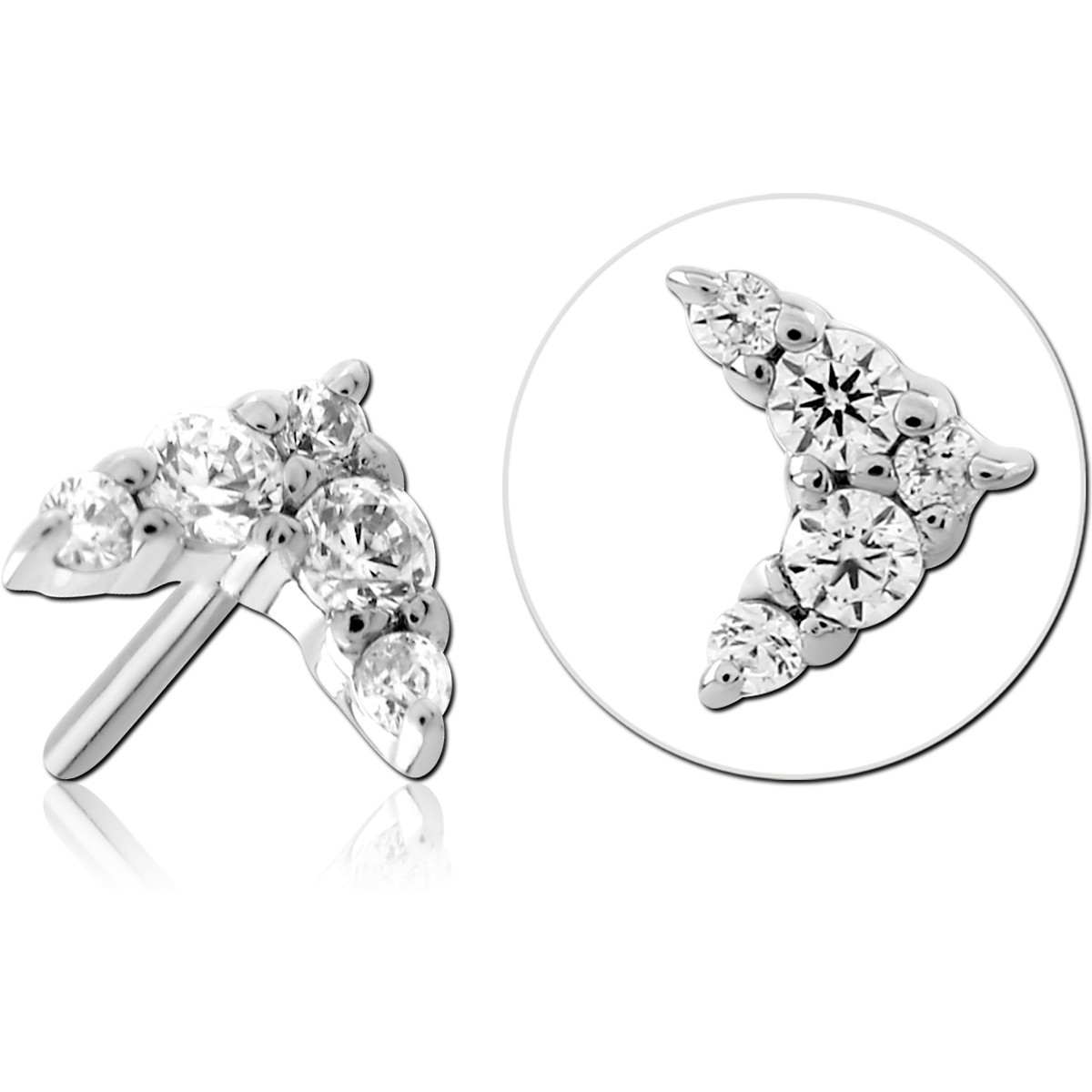 14K WHITE GOLD THREADLESS ATTACHMENT CRESCENT CLUSTER ROUND GEMS PRONG SET
