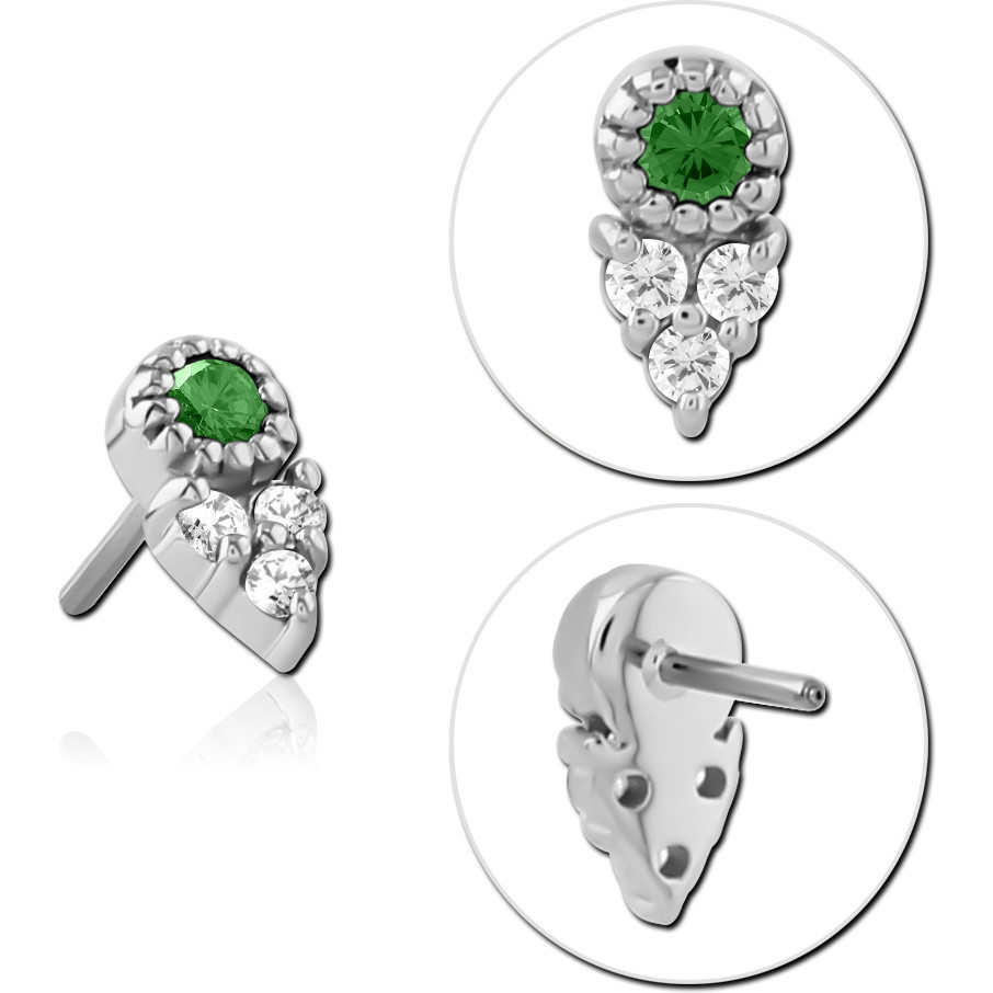 14K WHITE GOLD THREADLESS ATTACHMENT TEARDROP GEM CLUSTER GREEN AND CLEAR