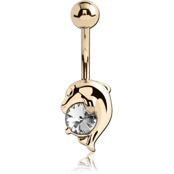 14K GOLD CZ DOLPHIN NAVEL BANANA WITH HOLLOW TOP BALL