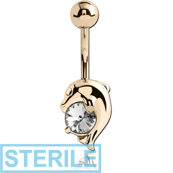 STERILE 14K GOLD CZ DOLPHIN NAVEL BANANA WITH HOLLOW TOP BALL
