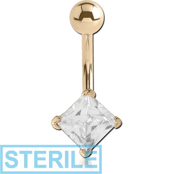 STERILE 14K GOLD SQUARE PRONG SET 5MM CZ NAVEL BANANA WITH HOLLOW TOP BALL