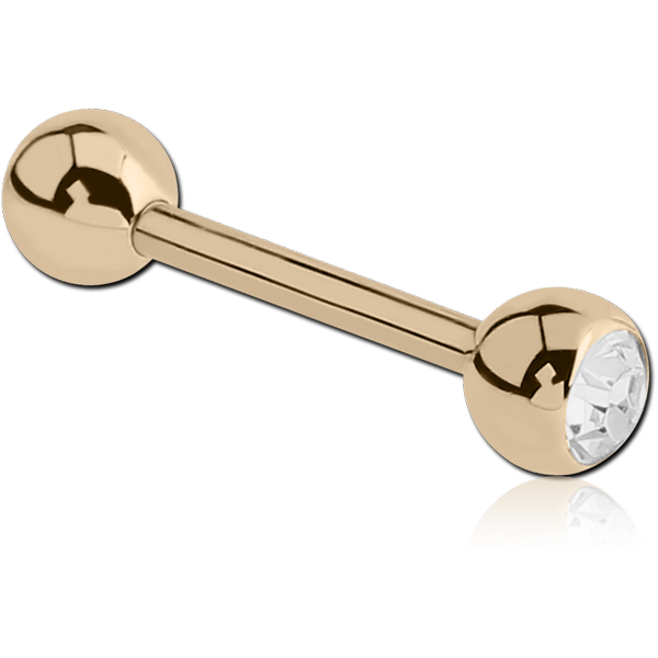 14K GOLD JEWELLED BARBELL WITH ONE HOLLOW BALL