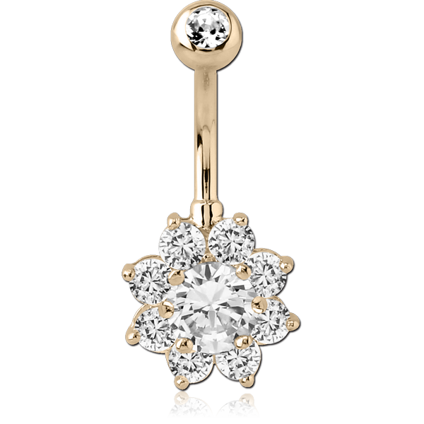 14K GOLD FLOWER MULTI CZ NAVEL BANANA WITH JEWELLED TOP BALL