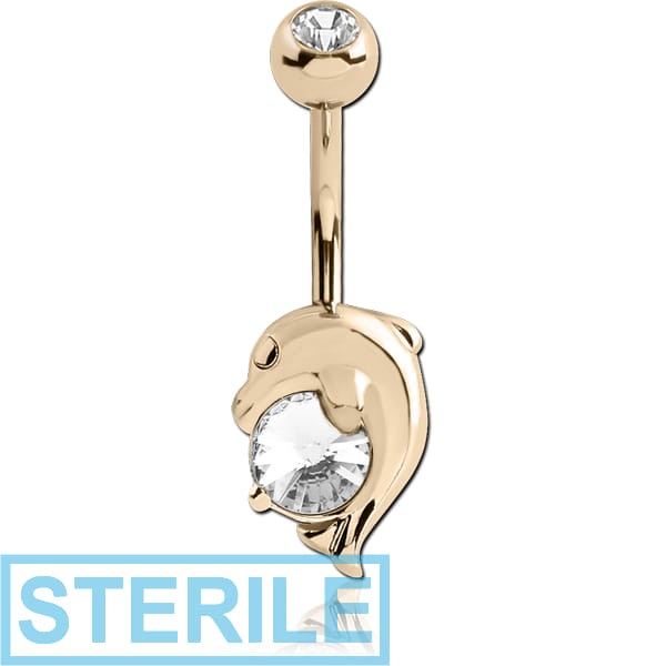 STERILE 14K GOLD CZ DOLPHIN NAVEL BANANA WITH JEWELLED TOP BALL