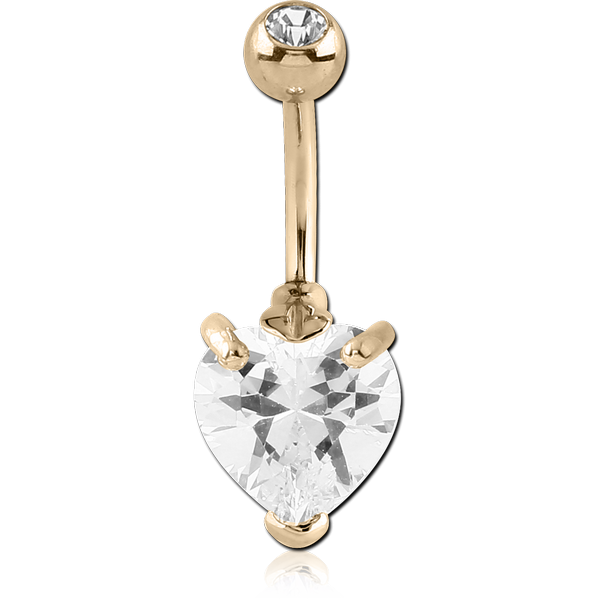 14K GOLD HEART PRONG SET 5MM CZ NAVEL BANANA WITH JEWELLED TOP BALL