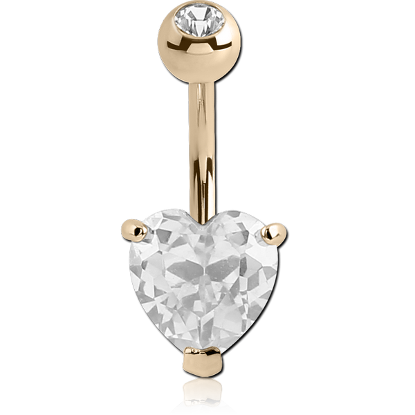 14K GOLD HEART PRONG SET 6MM CZ NAVEL BANANA WITH JEWELLED TOP BALL