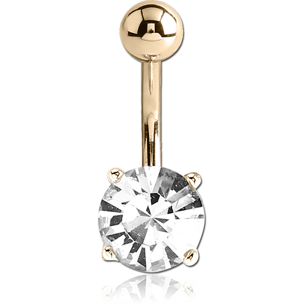 18K GOLD ROUND PRONG SET 7MM CZ NAVEL BANANA WITH HOLLOW TOP BALL