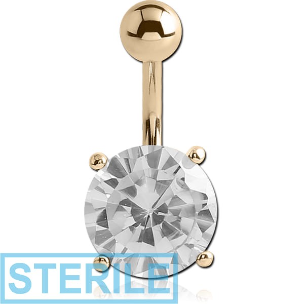 STERILE 18K GOLD ROUND PRONG SET 12MM CZ NAVEL BANANA WITH HOLLOW TOP BALL