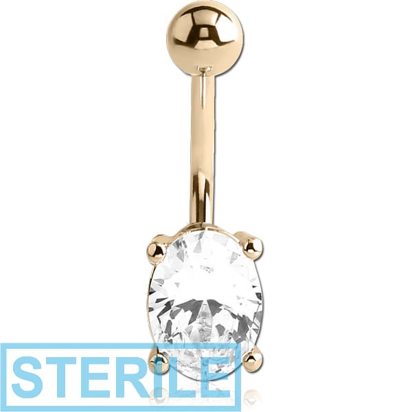 STERILE 18K GOLD OVAL PRONG SET 5X7MM CZ NAVEL BANANA WITH HOLLOW TOP BALL