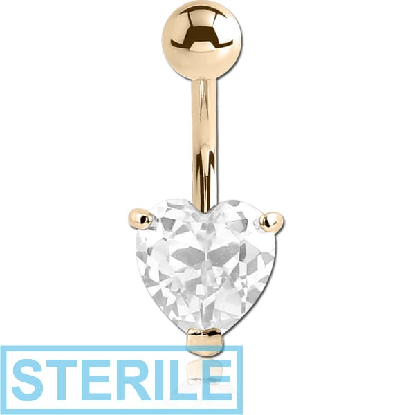 STERILE 18K GOLD HEART PRONG SET 8MM CZ NAVEL BANANA WITH HOLLOW TOP BALL