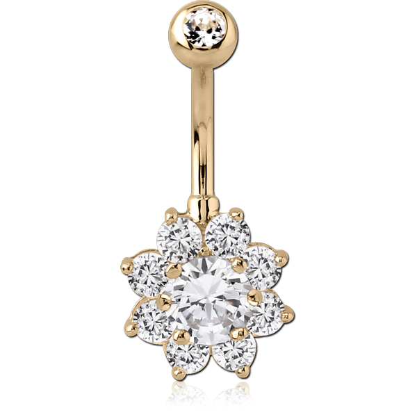 18K GOLD FLOWER MULTI CZ NAVEL BANANA WITH JEWELLED TOP BALL