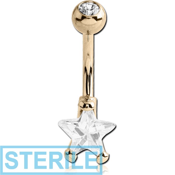 STERILE 18K GOLD STAR PRONG SET 8MM CZ NAVEL BANANA WITH JEWELLED TOP BALL