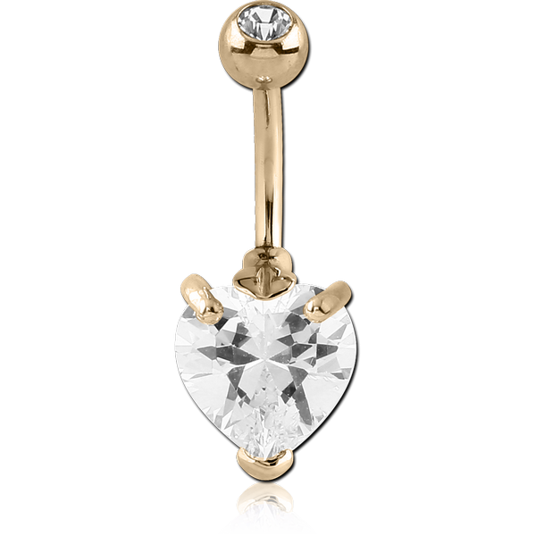 18K GOLD HEART PRONG SET 8MM CZ NAVEL BANANA WITH JEWELLED TOP BALL