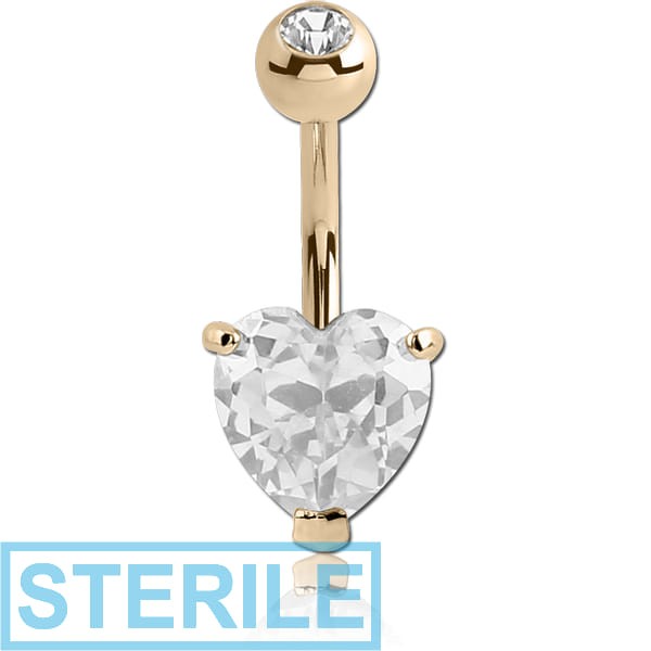 STERILE 18K GOLD HEART PRONG SET 6MM CZ NAVEL BANANA WITH JEWELLED TOP BALL