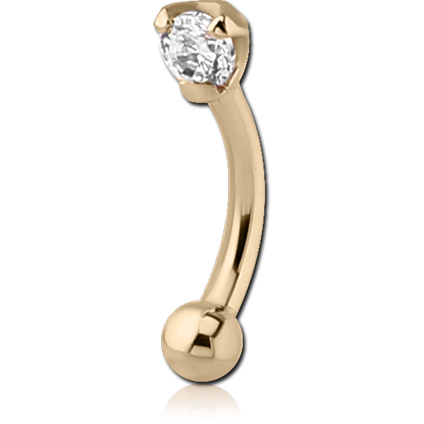 18K GOLD PRONG SET ROUND CZ CURVED MICRO BARBELL