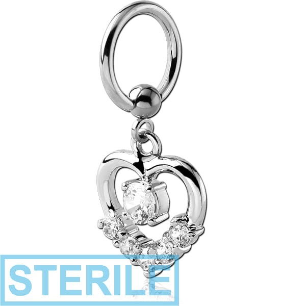 STERILE SURGICAL STEEL BALL CLOSURE RING WITH JEWELLED HEART CHARM