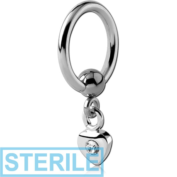STERILE SURGICAL STEEL BALL CLOSURE RING WITH JEWELLED HEART CHARM