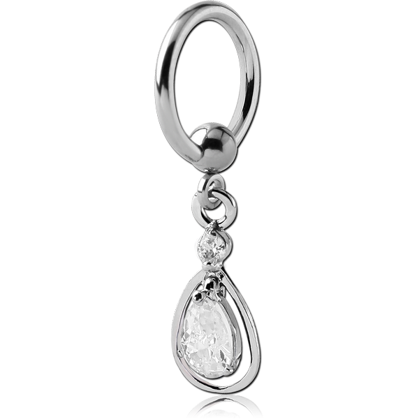 SURGICAL STEEL BALL CLOSURE RING WITH PRONG SET TEAR DROP CHARM