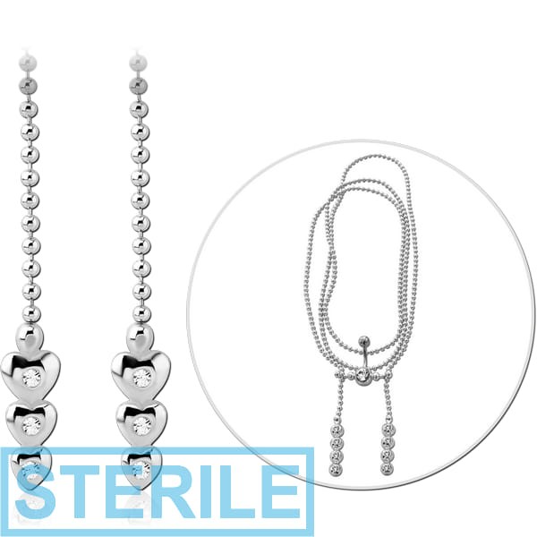 STERILE RHODIUM PLATED BRASS BELLY CHAIN WITH HEARTS
