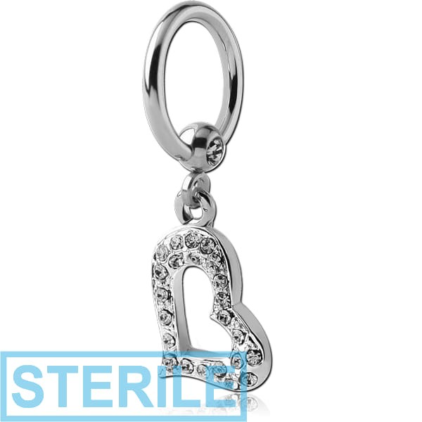 STERILE SURGICAL STEEL JEWELLED BALL CLOSURE RING WITH JEWELLED HEART CHARM