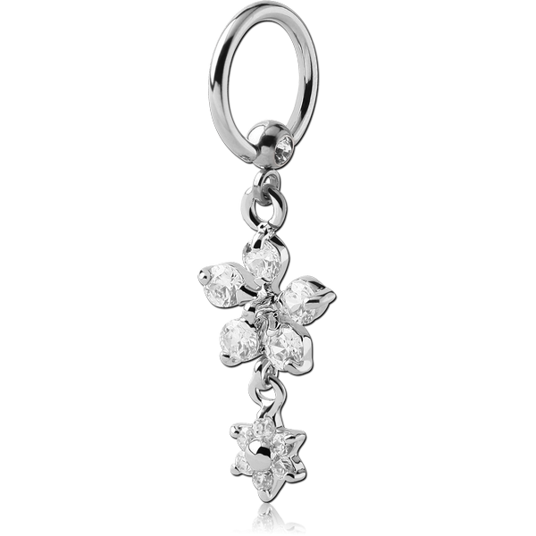 SURGICAL STEEL JEWELLED BALL CLOSURE RING WITH JEWELLED FLOWERS CHARM