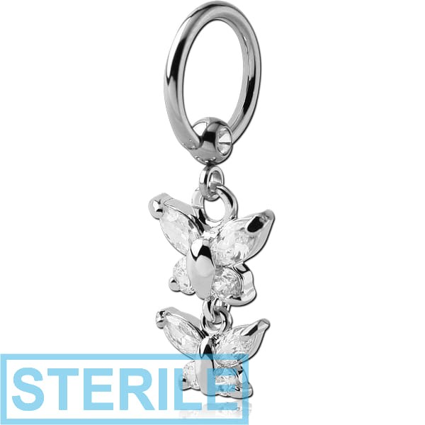 STERILE SURGICAL STEEL JEWELLED BALL CLOSURE RING WITH JEWELLED BUTTERFLIES CHARM