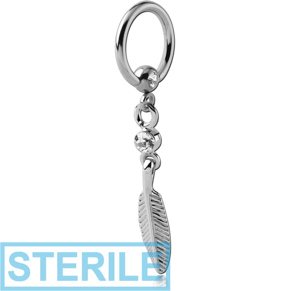 STERILE SURGICAL STEEL JEWELLED BALL CLOSURE RING WITH JEWELLED FEATHER CHARM