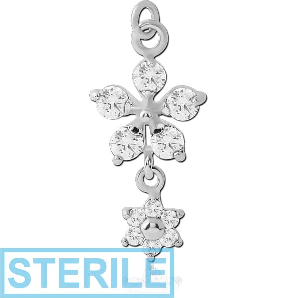 STERILE RHODIUM PLATED BRASS JEWELLED DOUBLE FLOWER CHARM
