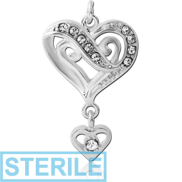 STERILE RHODIUM PLATED BRASS JEWELLED DOUBLE HEART CHARM