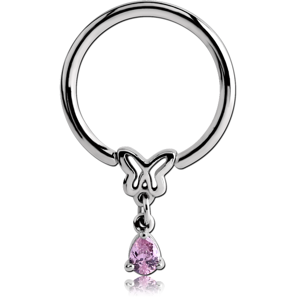 SURGICAL STEEL BALL CLOSURE RING WITH JEWELLED ATTACHMENT - BUTTERFLY WITH DANGLING DROP