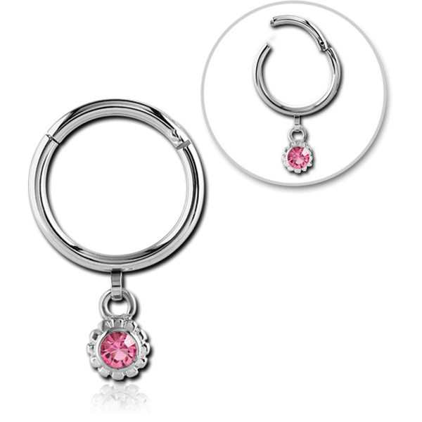 SURGICAL STEEL ROUND HINGED SEGMENT RING WITH HOOP AND JEWELLED DANGLING CHARM - BALL
