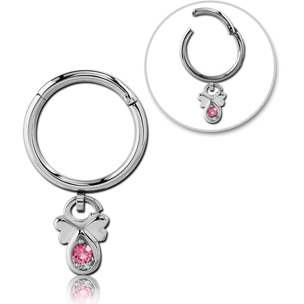 SURGICAL STEEL ROUND HINGED SEGMENT RING WITH HOOP AND JEWELLED DANGLING CHARM - FLOWER