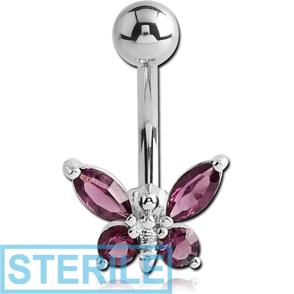 STERILE RHODIUM PLATED BRASS JEWELLED BUTTERFLY NAVEL BANANA